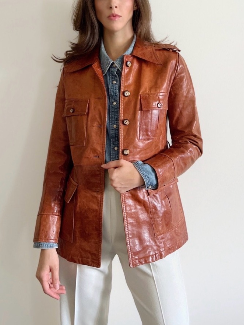 Vintage 70s Cognac Leather Button-Front Jacket